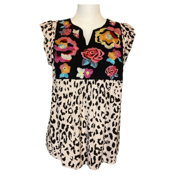 Savanna Jane Leopard Print Top Size S Embroidered Folk Art Shabby Chic Boho - Picture 2 of 8